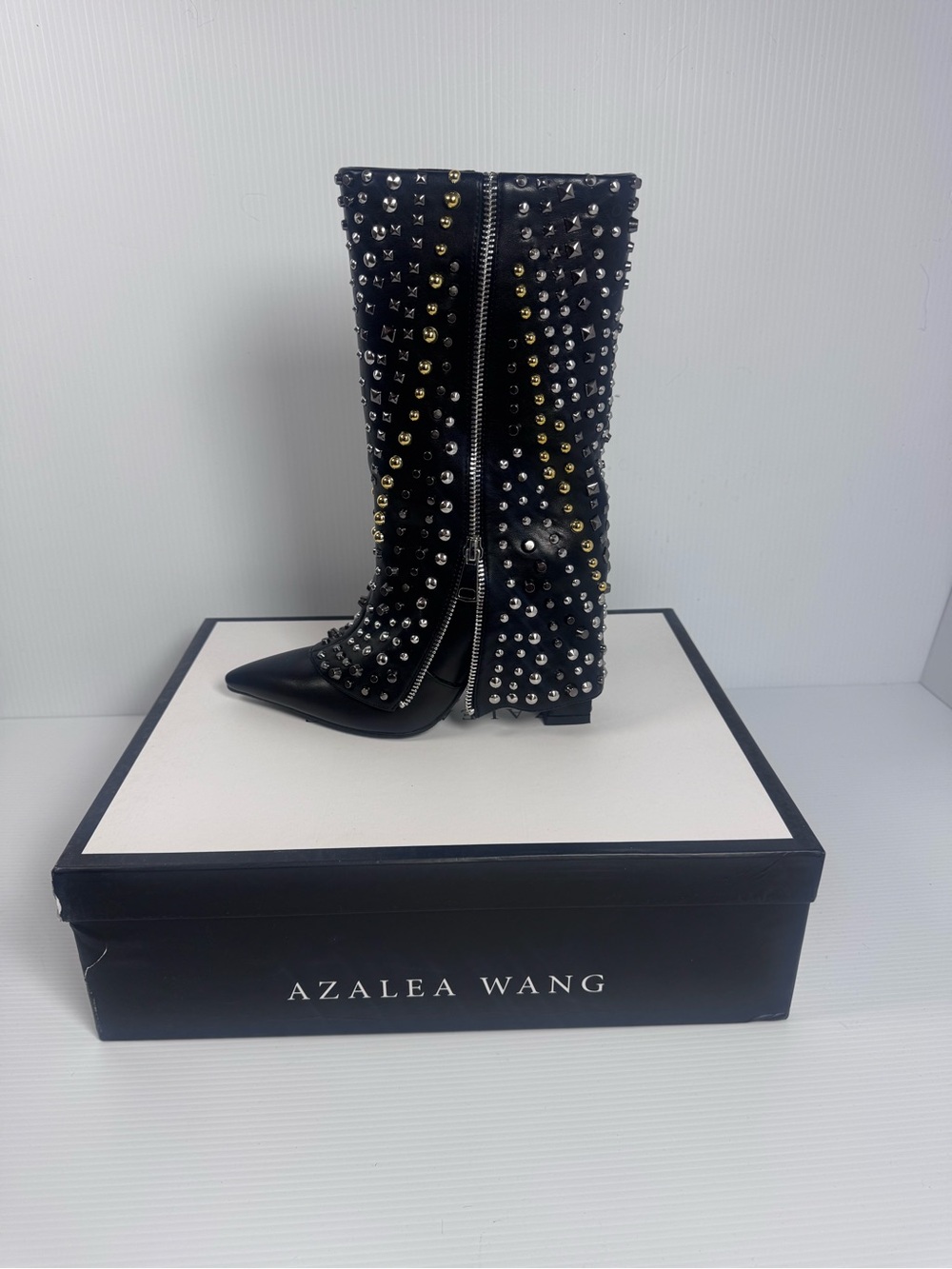 Azalea Wang Henzi Studded Knee-High Boots Black Pointed Toe Zip NEW